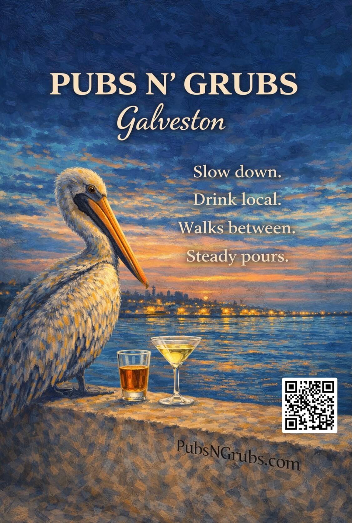 Pubs N' Grubs Galveston poster with pelican and waterfront at sunset